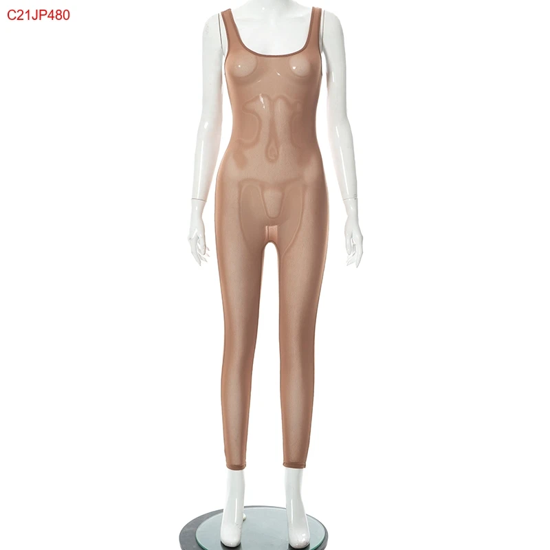 YIXIN Sexy See Through Streetwear Sleeveless Solid Color High Elastic Bodycon Jumpsuit Women Casual