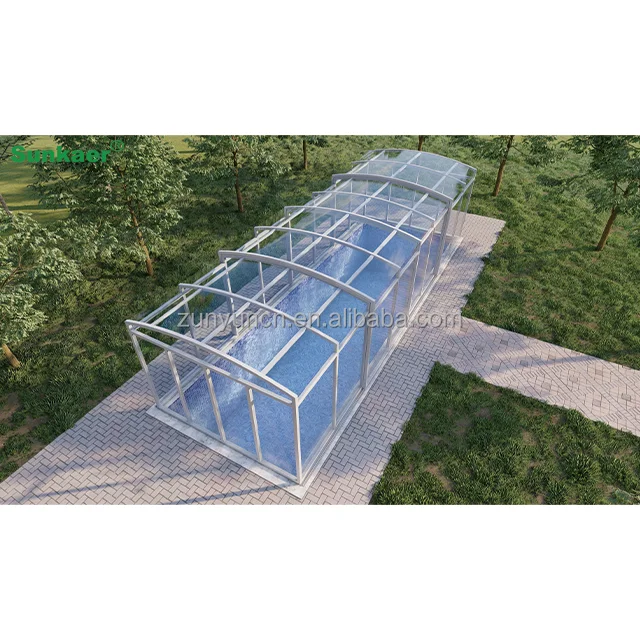 Factory direct strong wind resistance Waterproof pool enclosures polycarbonate swimming pool cover Retractable Sunroom
