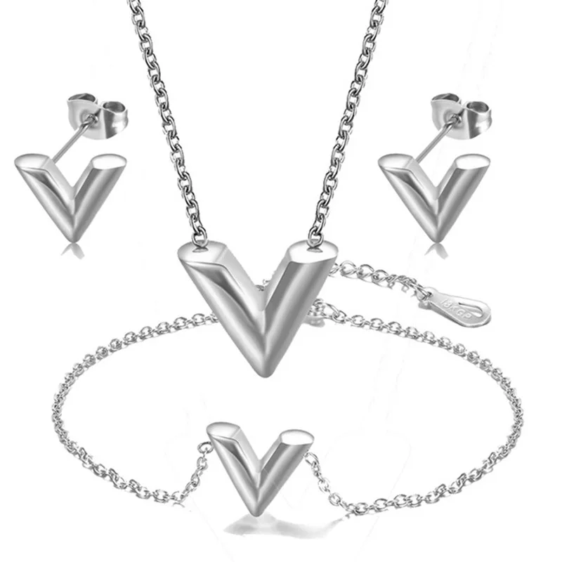 Europe & United States New Titanium Steel V-shaped Three-dimensional Letter Fashion Necklace Bracelet Earrings Jewelry Sets