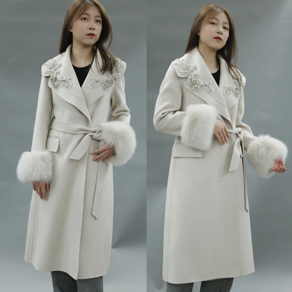 New Design High Quality Luxury Long Solid Color Woven Beading Applique Wool Cashmere Belted Coat With Real Fur Cuffs For Ladies