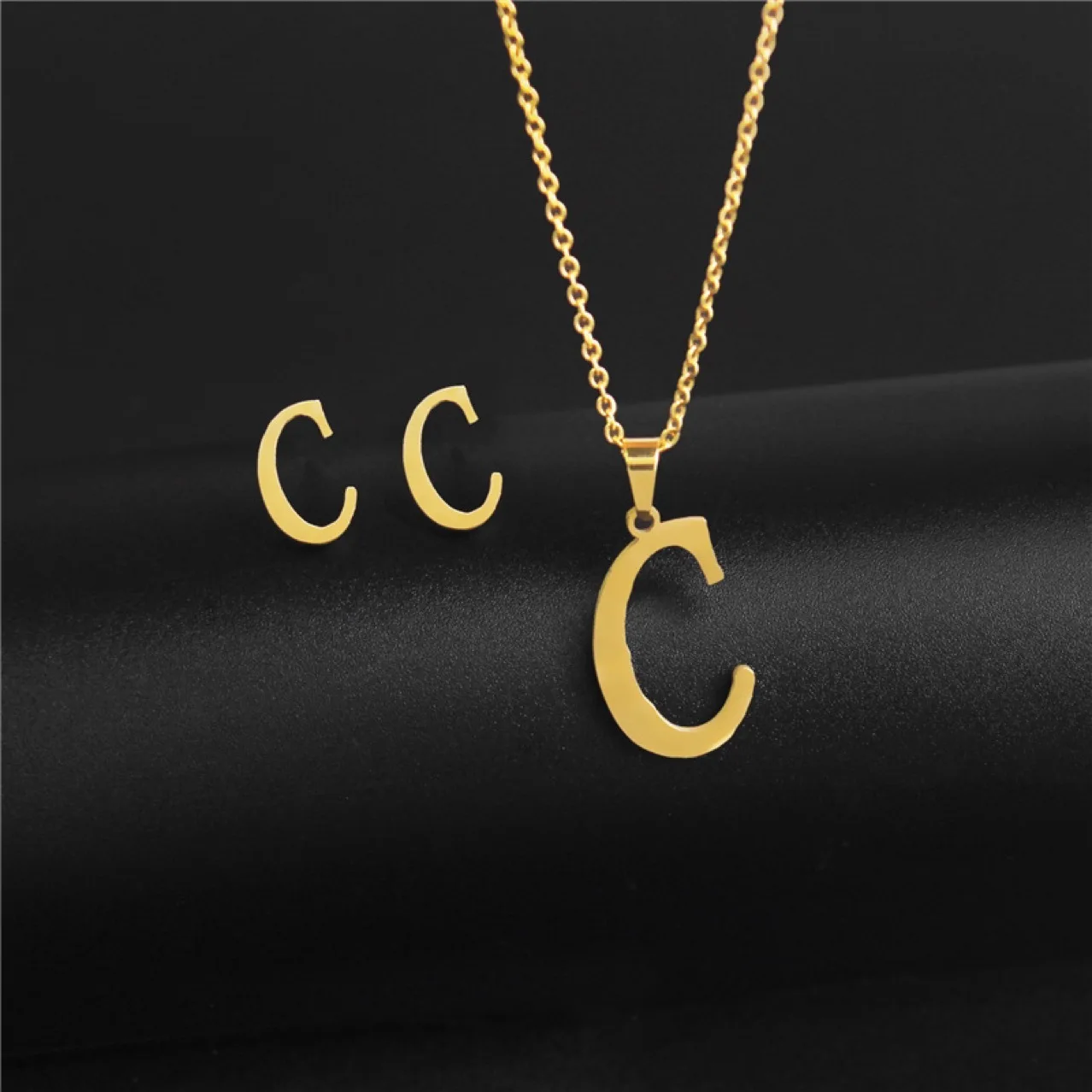 18 K Gold English letters A to Z Stainless Steel Pendant Clavicle Chain Necklace Earring Set
