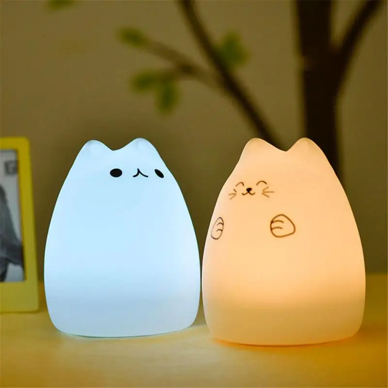 Vofull 2021 Soft Cat Silicone Baby Nursery Lamp 7 Single Colors Sensitive Tap Control Cute Led Night Light for Kids