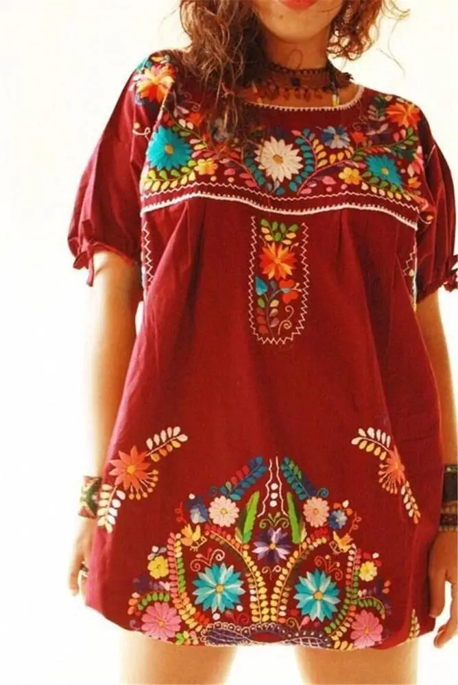 Custom design womens boho clothes  Mexican embroidered dress plus size skirt tops ethnic blouse clothing quality linen dress