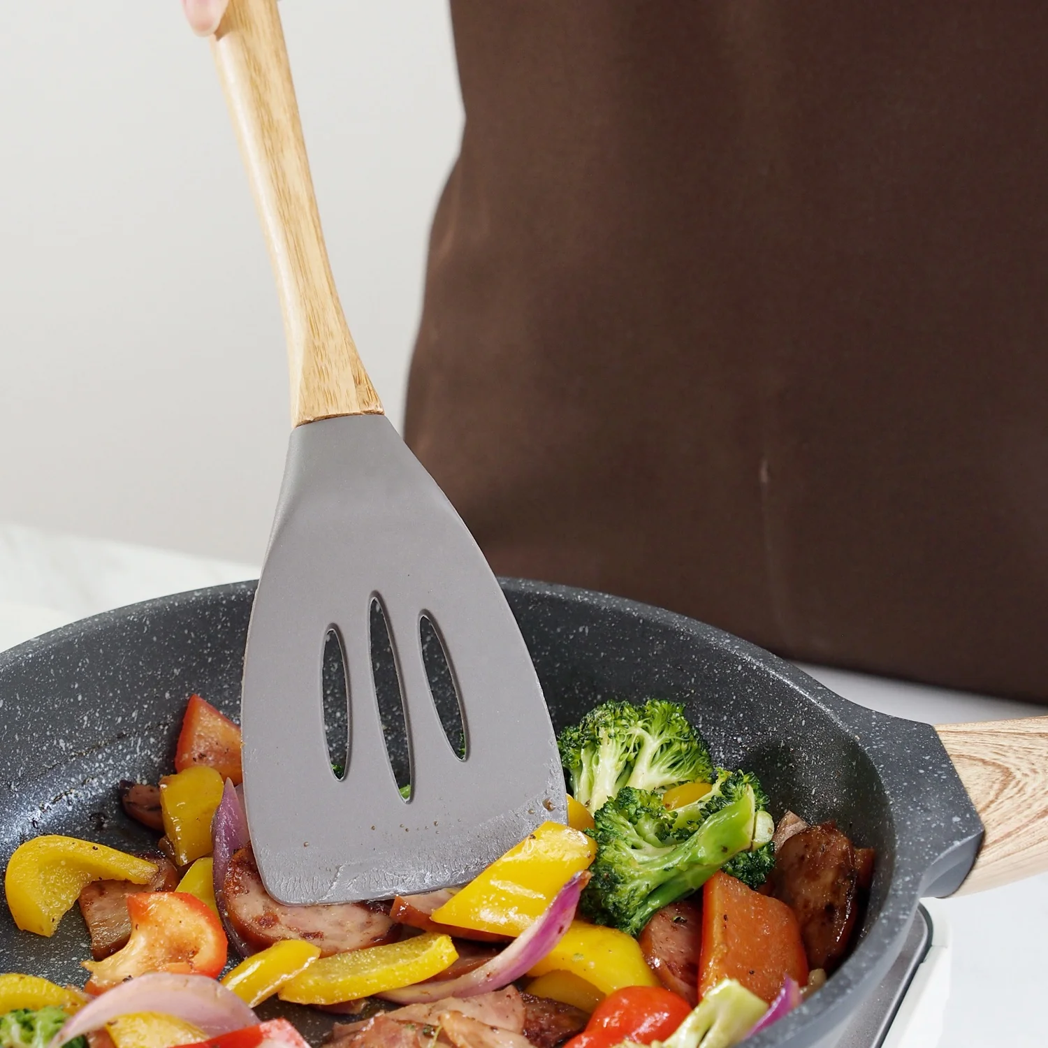 Набор силиконовой посуды из 9 предметов деревянная ручка бамбука для антипригарной с держателем