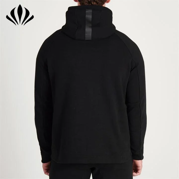 OEM Design slim fit high funnel collar sport hoodie fleece with side zip details pullover hoodie for men