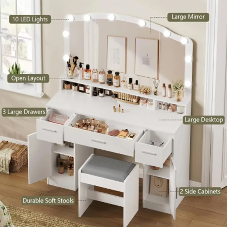 Wholesale Price Custom Vanity Desk Makeup Vanity Table with 3 Drawers 2 Cabinets Long Storage Shelf 10 Led Light