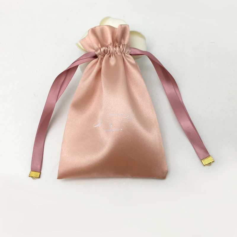 Custom Printed Logo Pink Gifts Satin Pouch Bag With String