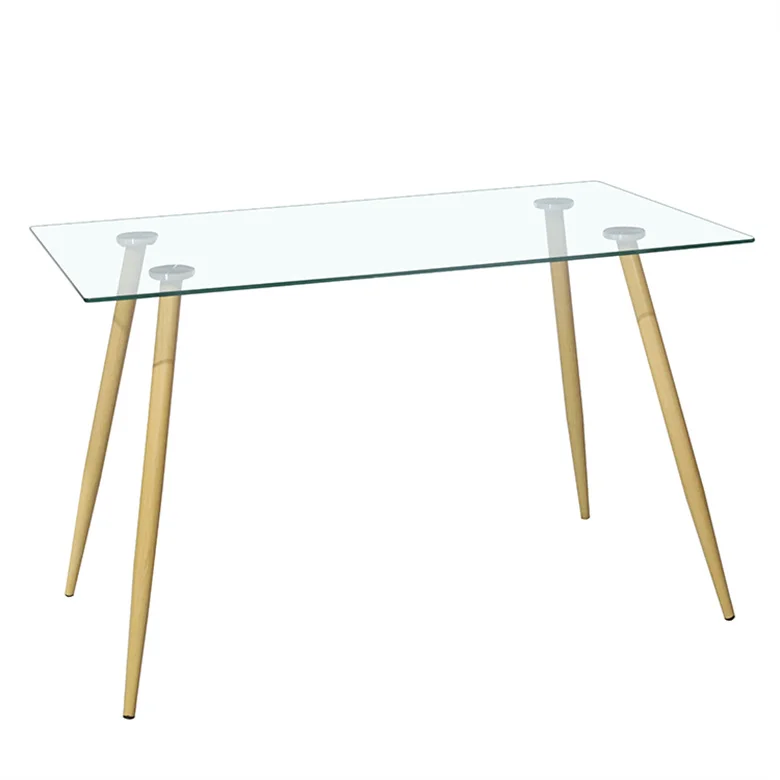 Glass Dinning Room Table Modern Wood Grain Metal  Leg Rectangular Square Clear Tempered Glass Top Dining Table