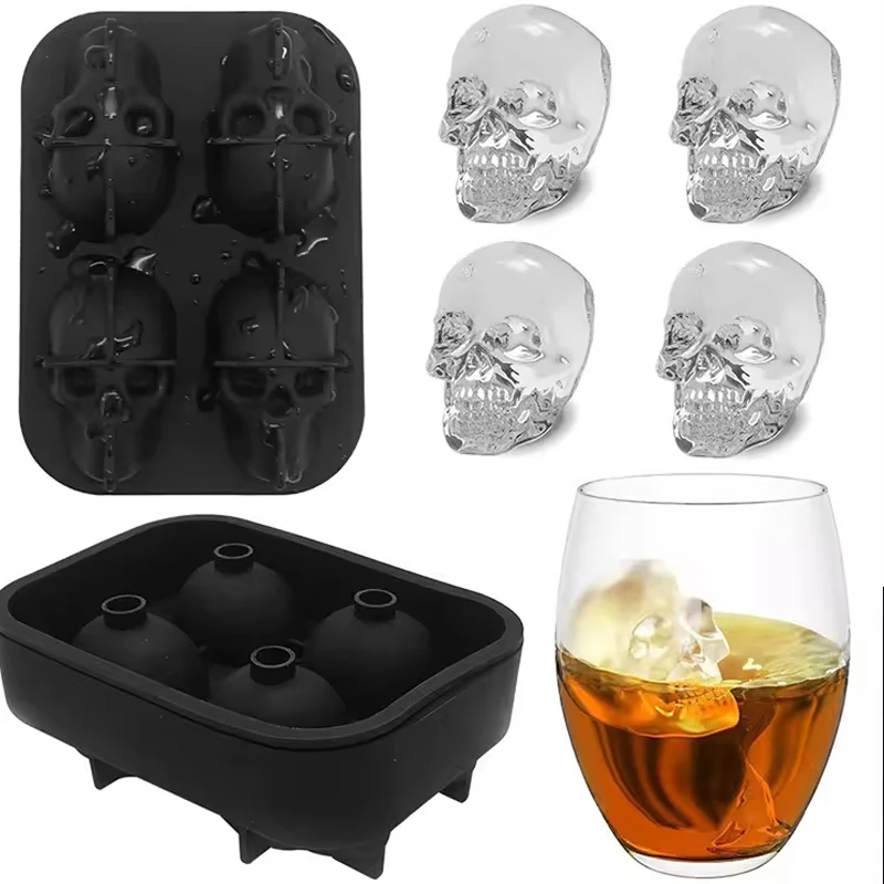 Wholesale Food Grade Silicone Halloween 4 Compartment 3D Silicone Ice Cube Tray with Lid Silicone Ice Cube Moulds