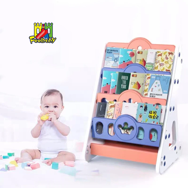 Feelbaby kids bookcase indoor storage rack plastic children book shelf for sale