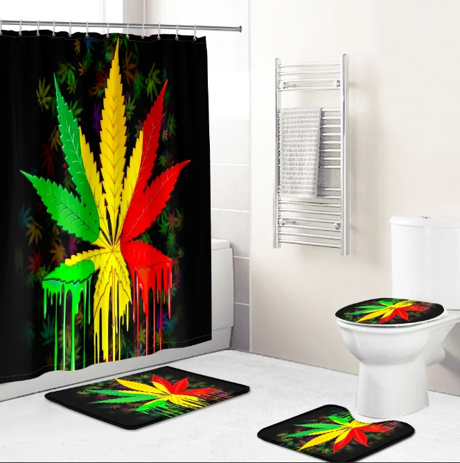Waterproof 3D Printing weeds design  Shower Curtains Set with Hooks and Rugs for Bathroom mats