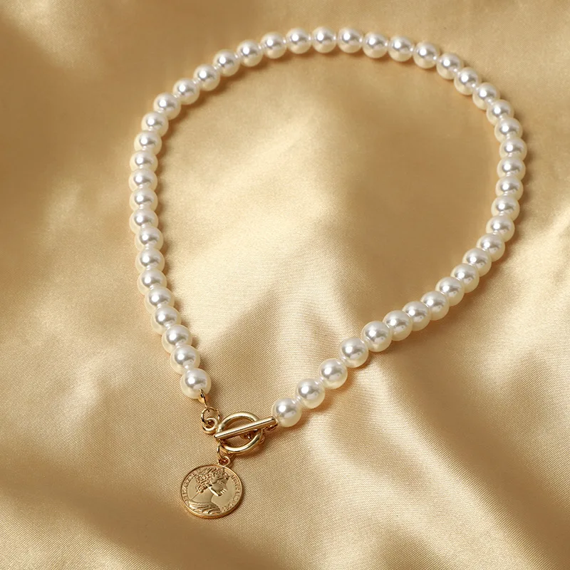 Vintage 18k Gold Plated Baroque Mother Of  Coin Pearl Beaded Chain Choker Necklace Bracelet Jewelry Women