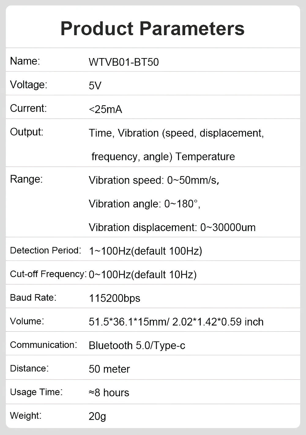 WTVB01-BT50 Bluetooth 50 м беспроводной многофункциональный датчик вибрации 3-осевое вибрационное смещение + Скорость