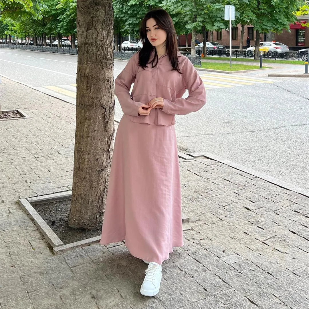Fashion Pink 2 piece Long Sleeve Button Shirt Casual A Line Skirt Loose Modest Blouse Vintage Dress Suit