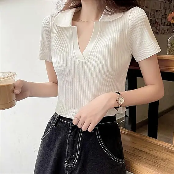 Poleras mujer Топ por mayermor белый ребристый укороченный топ на заказ стиль поло с V-образным вырезом Футболка для девочек