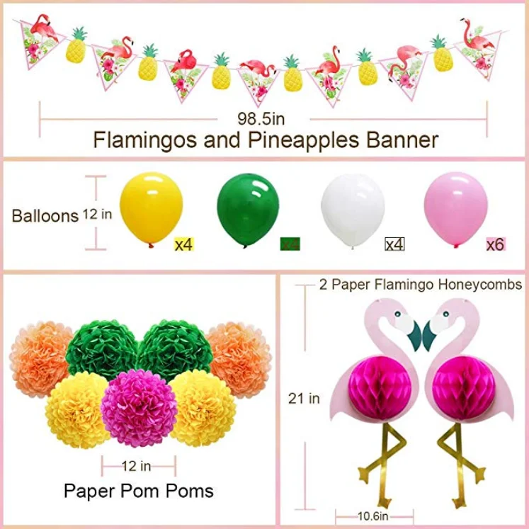 Tropical Pink Flamingo Party Honeycomb Decoration  Hawaiian Party Flamingo Pineapple Banner Pennant Tissue Paper Pom Poms Flower