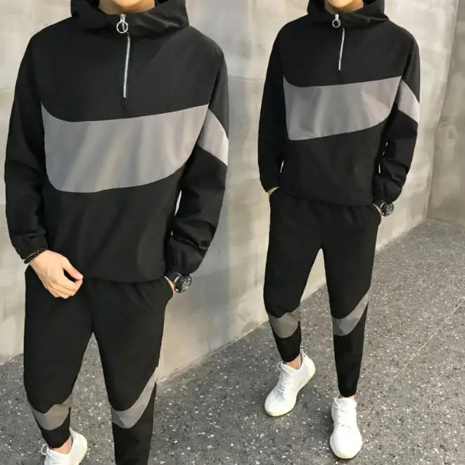 Модный мужской спортивный костюм с капюшоном, лоскутный повседневный комплект из двух предметов с длинным рукавом