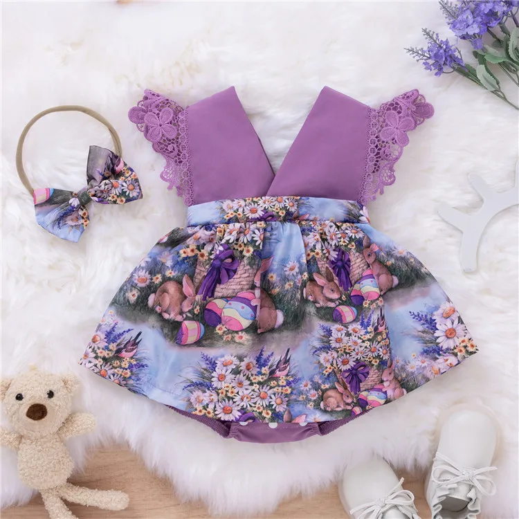 hot sell newborn baby clothes  lace sleeve purple  rabbit printing romper hairband 2pcs baby girl romper