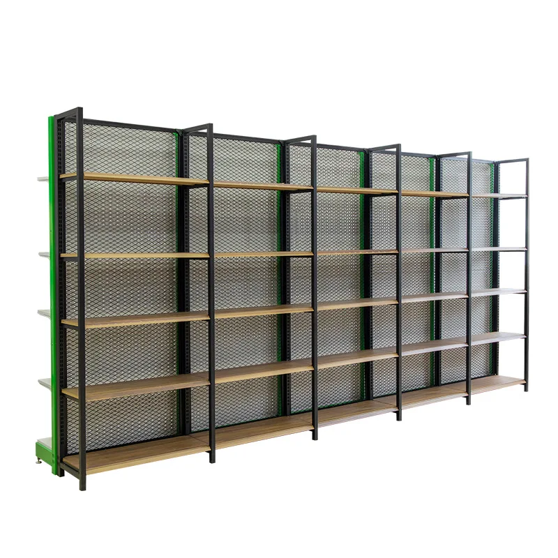 Customized Steel Wooden Combination Back Net Display Stand Supermarket Shelf For Convenience Store