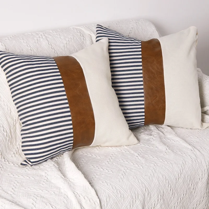 Pillow Covers Farmhouse Decor Stripe Patchwork Linen Throw Pillow Covers Modern Faux Leather Cushion Covers