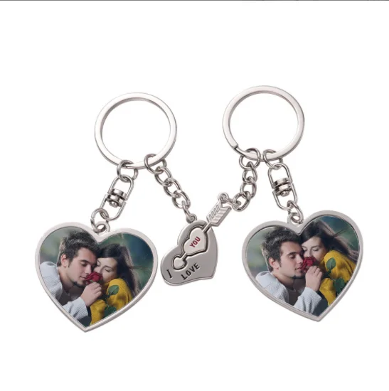 Custom Logo Heat Press Printing Metal Two Heart Love Sublimation Lovers Gift Couple Keyring Keychain