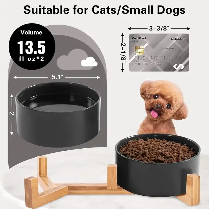 Pet Bowls with Wood Stand Puppy Ceramic Food and Water Bowls Set