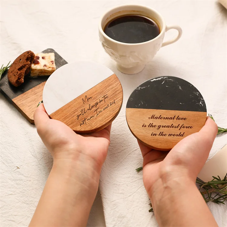 Wholesale Personalized Black Marble Coasters Custom Square Shape Marble and Wood Coasters Decoration Engraved Coffee Cup Coaster