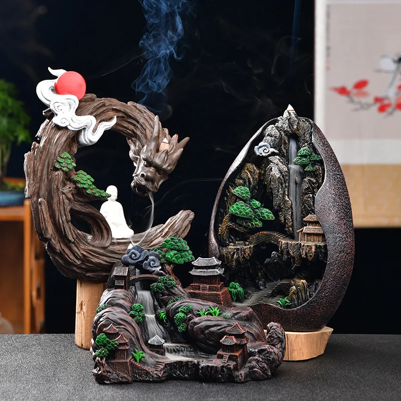 Resin rockery dragon backflow incense burner holder tea fragrance ceremony ornamental waterfall aromatherapy wholesale