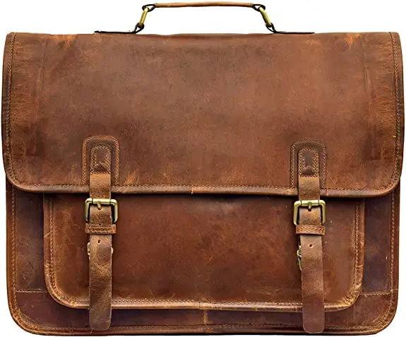 18 Inch Handmade Retro Buffalo Leather Briefcase Laptop Messenger Crossbody Shoulder Bag Office Briefcase