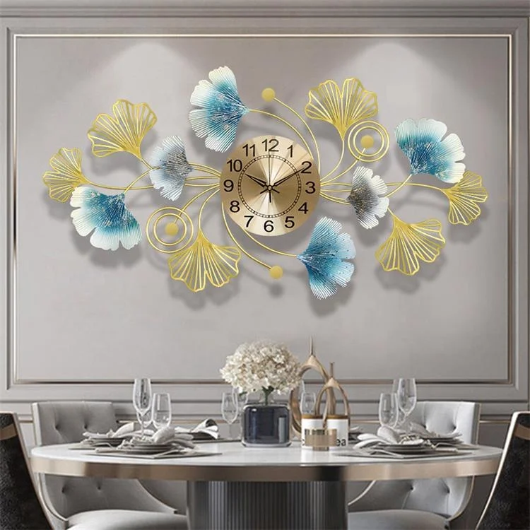 New Coming Handmade Decorative Ginkgo Leaf  Design Metal Wall Art Clock for Hotel Home
