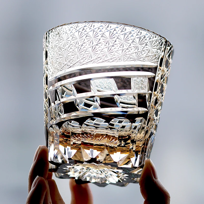 Amber Black Crystal 250ml Edo Kiriko Design Japandi Style Old Fashioned Whisky Tumbler Cup for Whiskey Wine Water