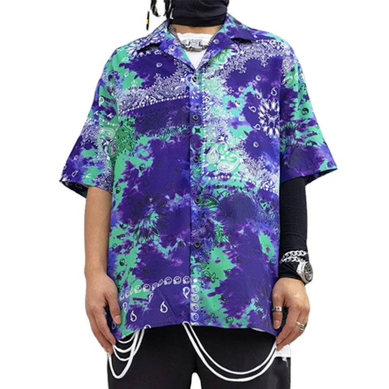 High Street Trend Tie-dye Vintage Hawaiian Shirts Hip-hop Style Short-sleeved Couple Cardigan Colorful Vacation Beach Shirt