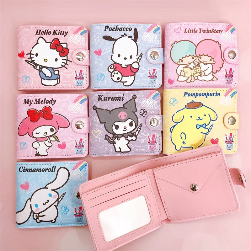 Sanrio Girl PU Short Two-fold Wallet Kuromi Melody Anime Peripheral Student Coin Collection Card Bag Button Purse