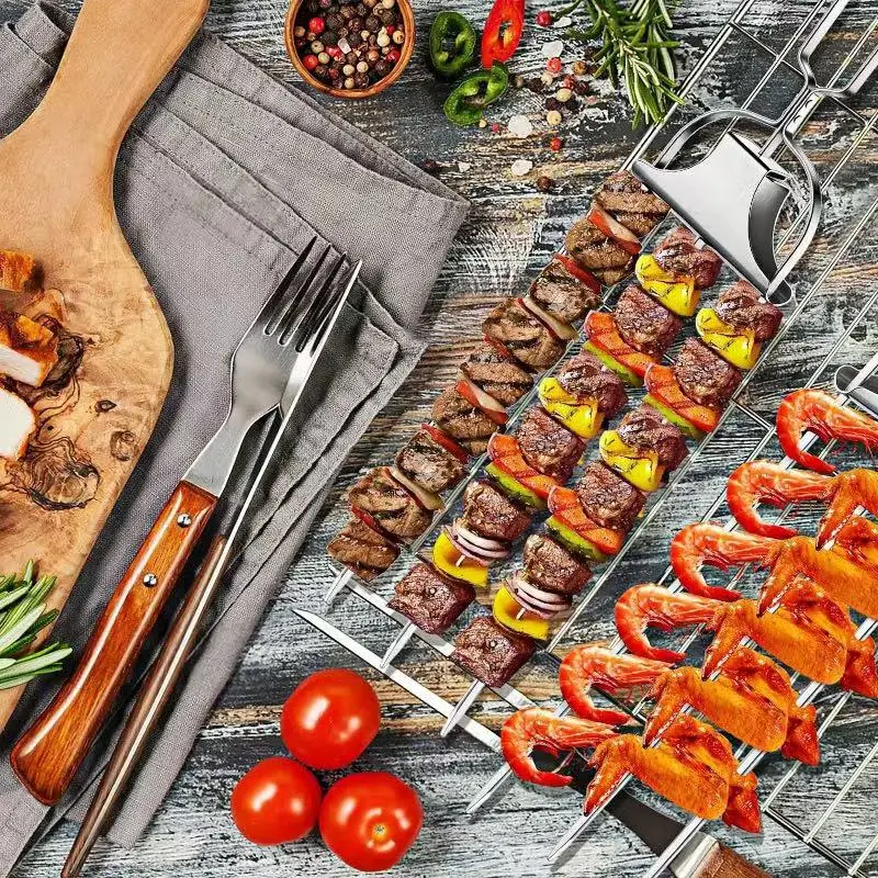 Stainless Steel BBQ Fork Grill Fork Semi-Automatic Stick Home Grill Skewer Kebab Barbecue Tools