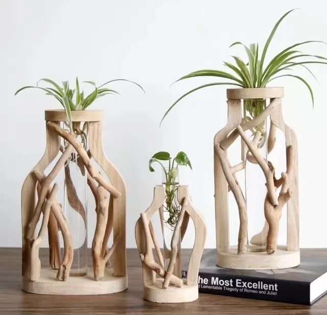 Wooden transparent vase living room office desktop decoration vases Pure handwork flower wooden vases