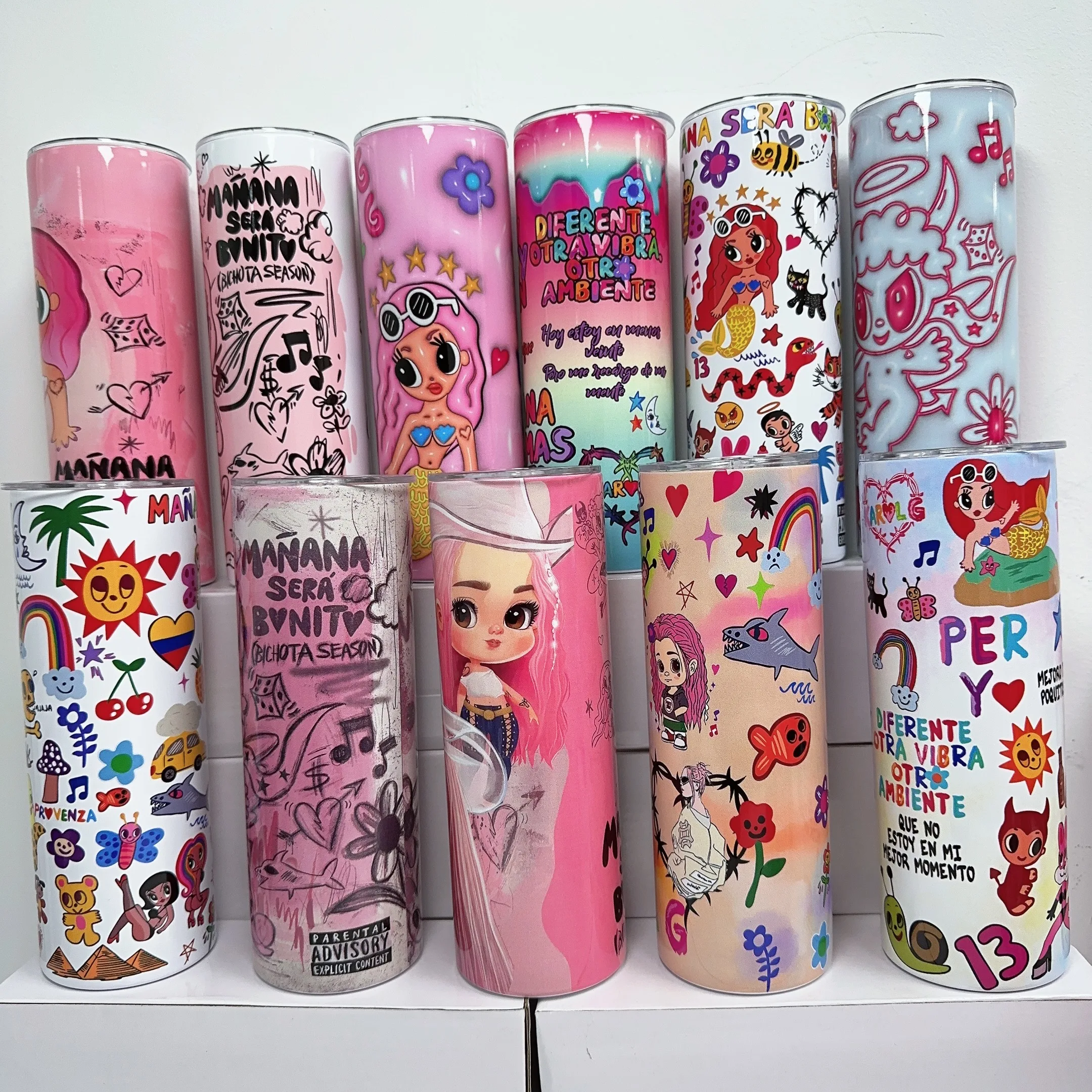new arrival custom cute cartoon pink Karol g album designer 20oz skinny insulated coffee cups tumbler with lid and straw