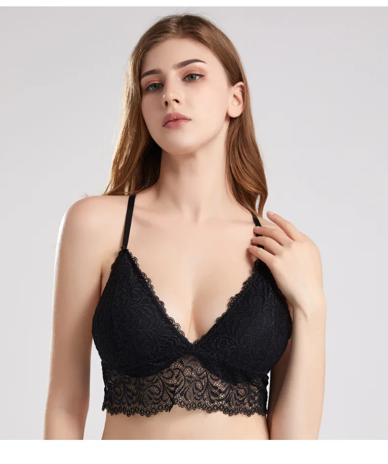 Women Bralette French Style Lace Bra Girls Triangle Cup Lingerie Deep V Wireless Underwear Soft Thin Seamless Bra