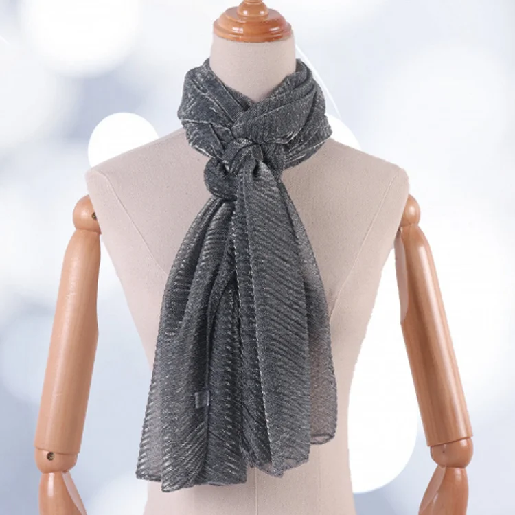 F-2659 fashion high quality lace breathable silver silk wrinkle scarf women muslim shawls turban long scarves muslim hijab