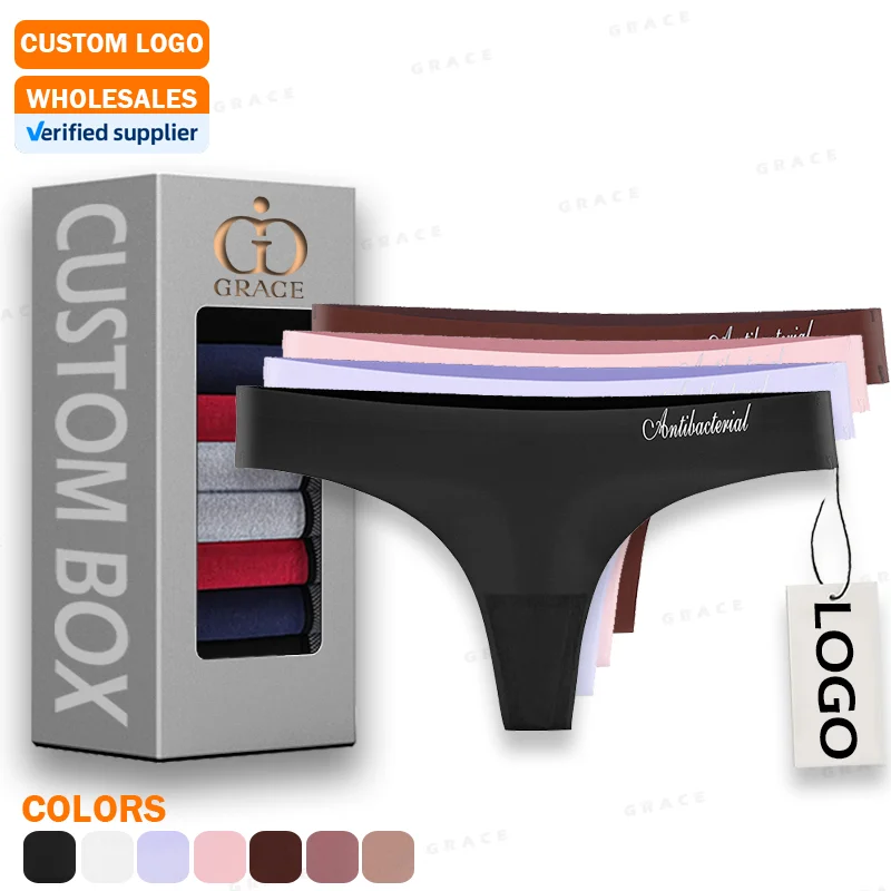 Custom Logo Seamless Panties Low Rise Ice Silk Traceless No Show Sexy Underwear Bonded Thongs Tangas Women Seamless Panties
