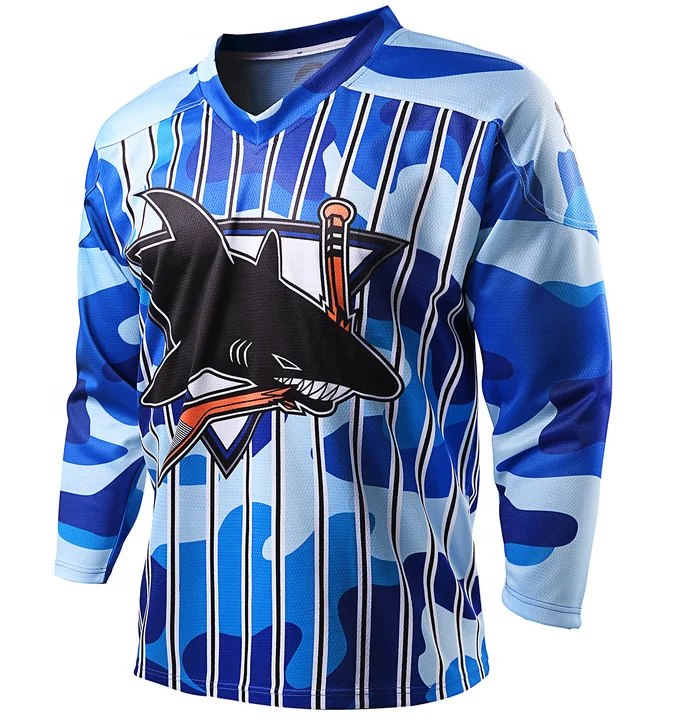 Sublimated Ice Hockey Jersey and Socks With Custom Team Logo Stripes Tackle Twill Hockey Blue Jersey Uniform