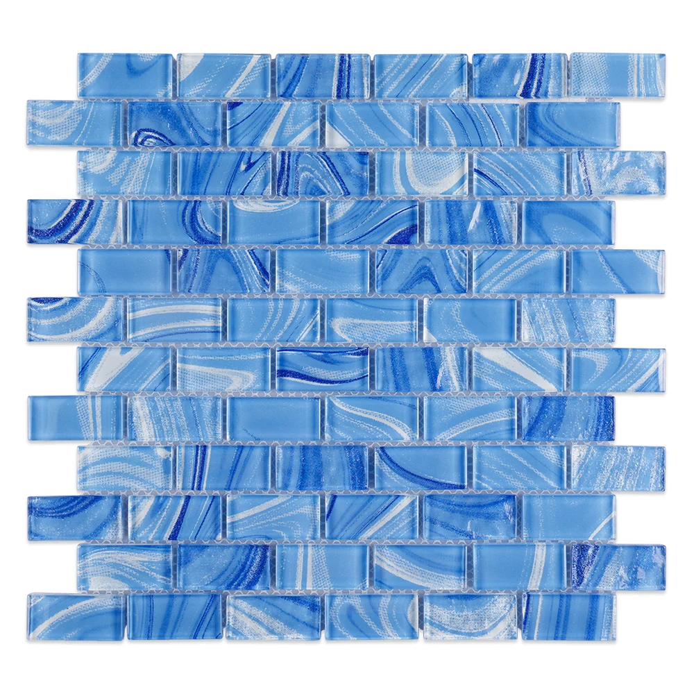 Wholesale price ripple pattern hand painting pool blue crystal glass mosaic tile