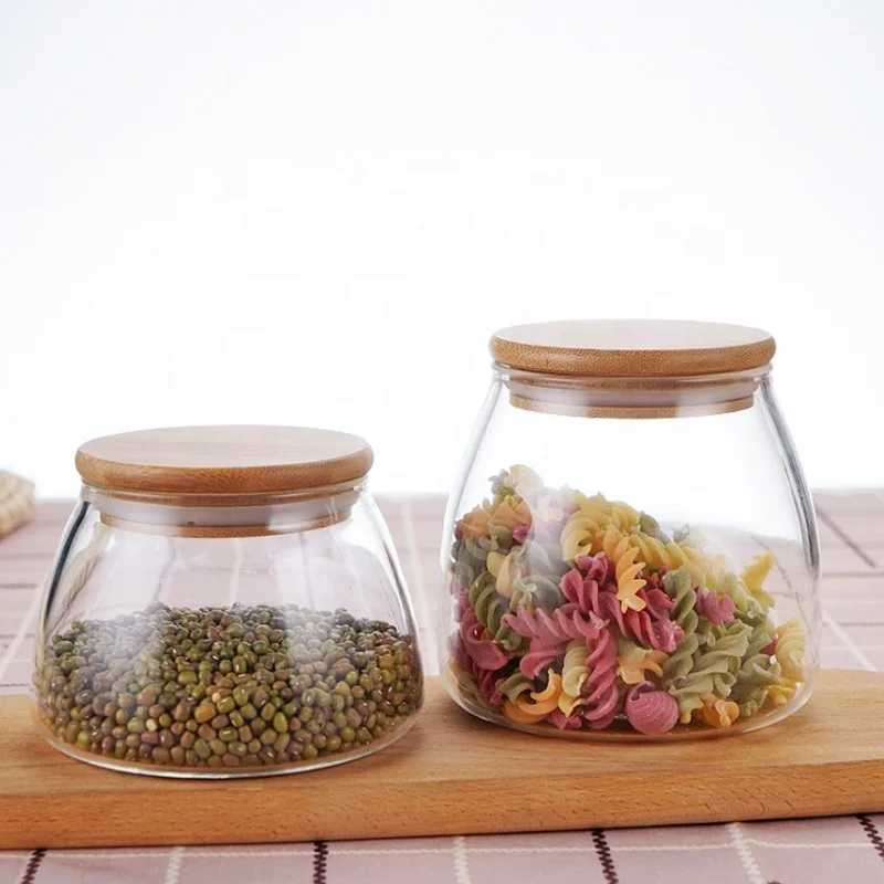 Factory direct custom 850ml 650ml 400ml high borosilicate transparent glass storage jar with bamboo lid