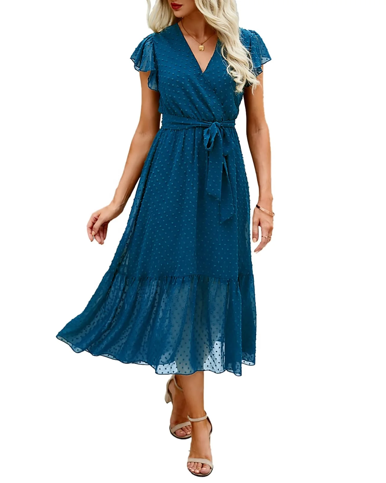 Wholesale Best Seller Summer Casual jacquard weave V Neck Beach Party Ruffle Midi Dress Short Sleeve Double Layer Women Dress