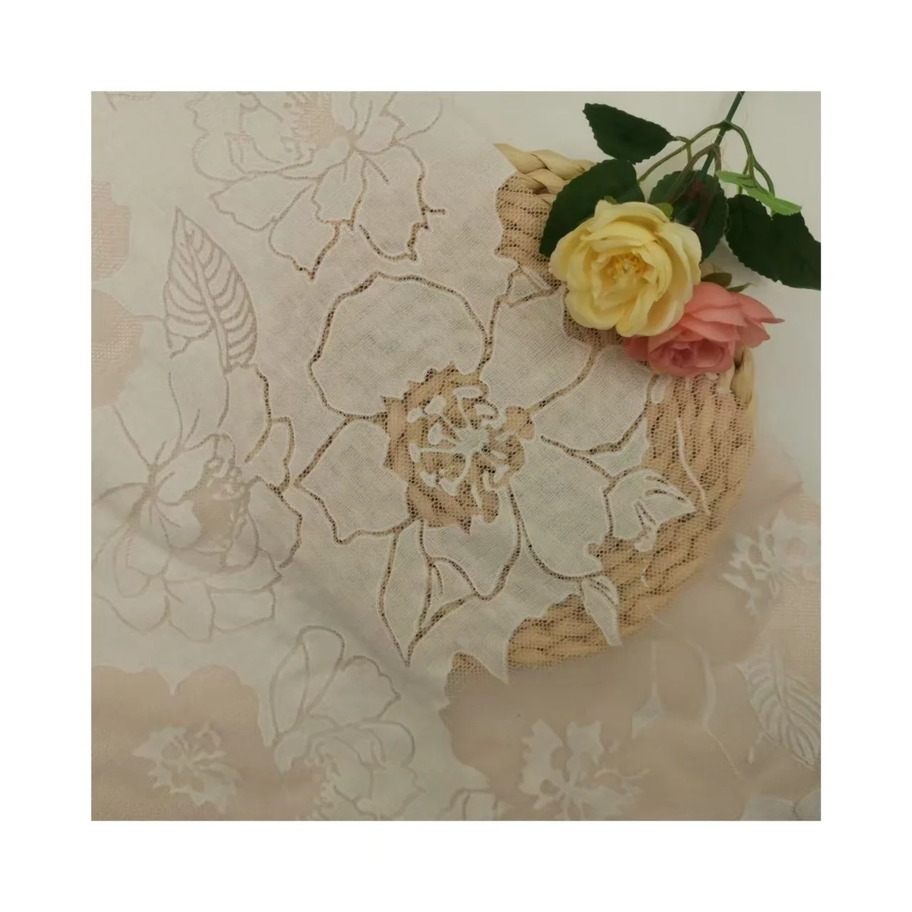 Knitted Two Tone White Pink Big Flower Burn out Floral 60%Rayon 30%Poly 10%Spandex Stretch Jacquard Lace Fabric for Clothing