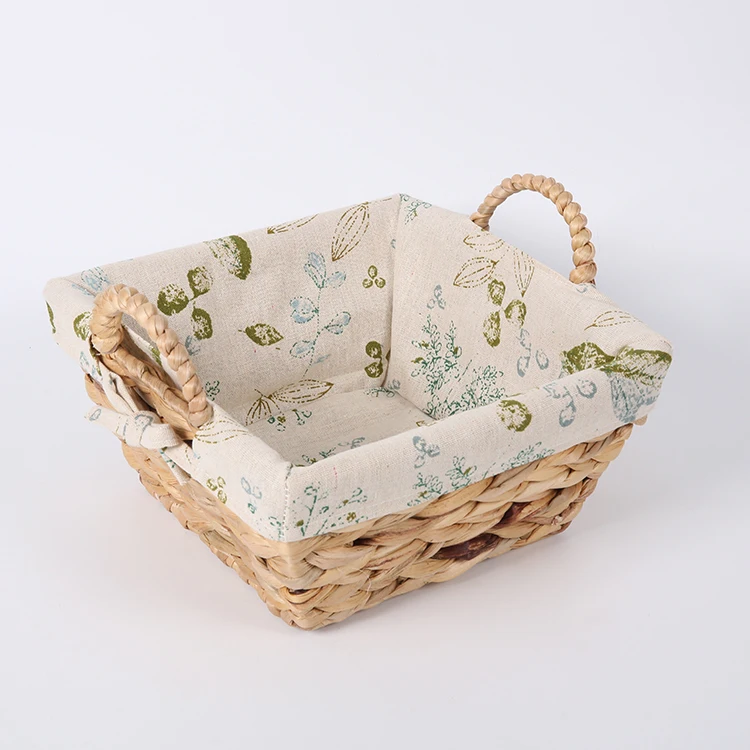 Cheap Popular customized square shaped seagrass straw water hyacinth grass corn husk storage basket with cotton cloth lining