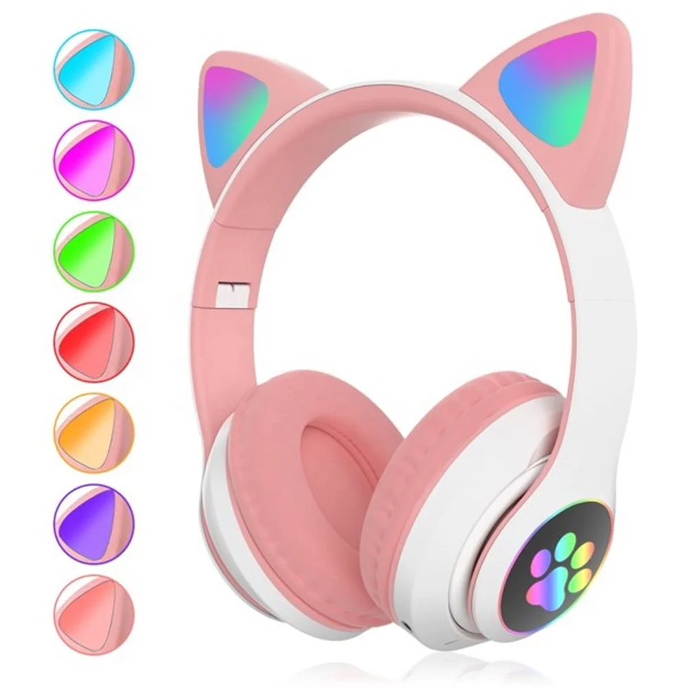 USLION Foldable Wireless Headphones With Microphone Cat Sport Design LED Lighting Game Earphone Headset Ladies Computer TF Card