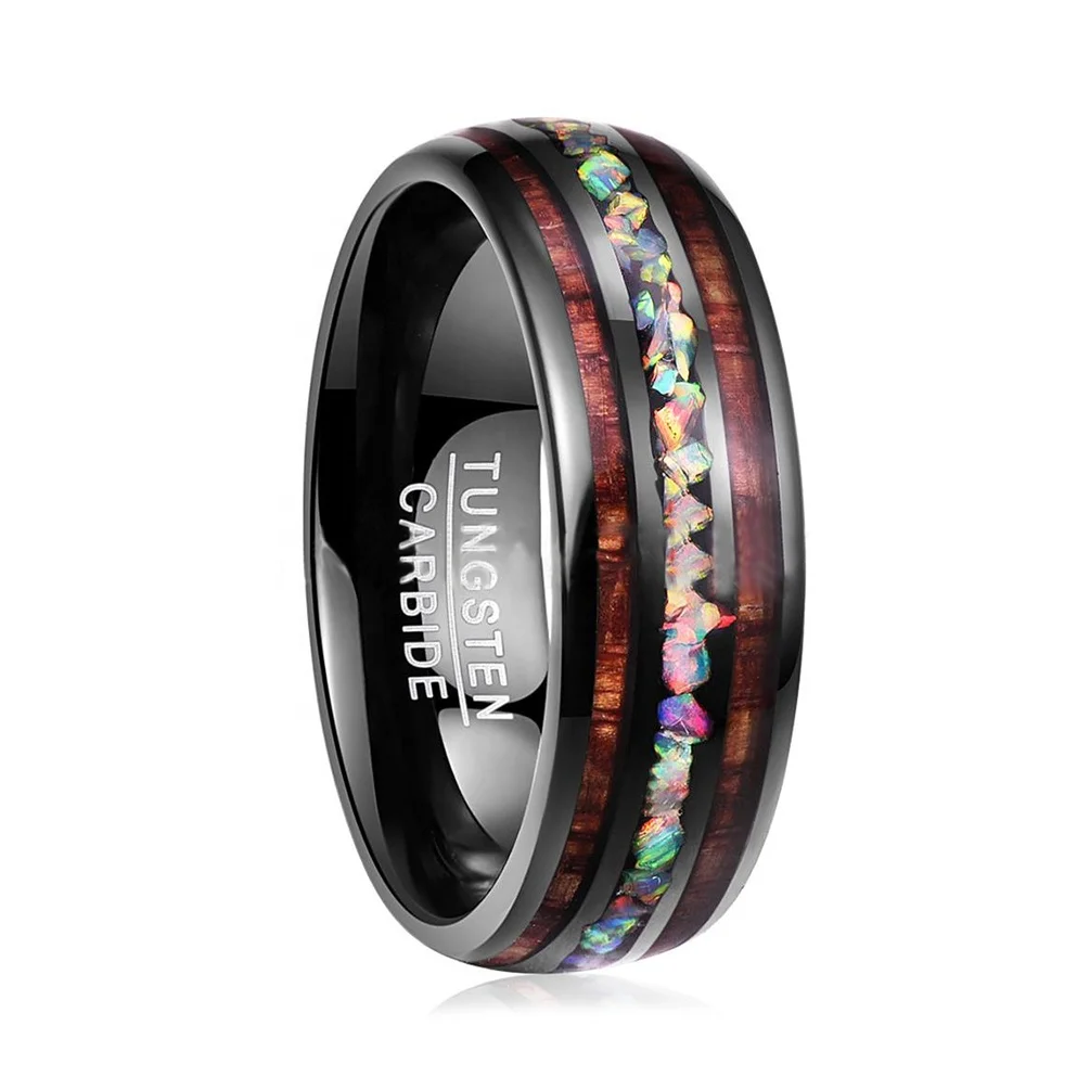 Shiny Tungsten Carbide Ring With Crushed Opal Centre Men 2 Strips Acacia Wood Inlay Black Tungsten Ring