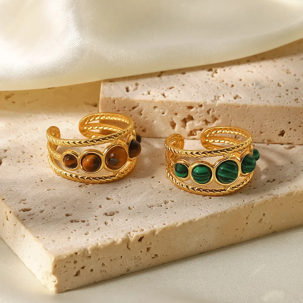 Finger ring three layers five stones natural round tiger eye gold plated adjustable stainless steel rings