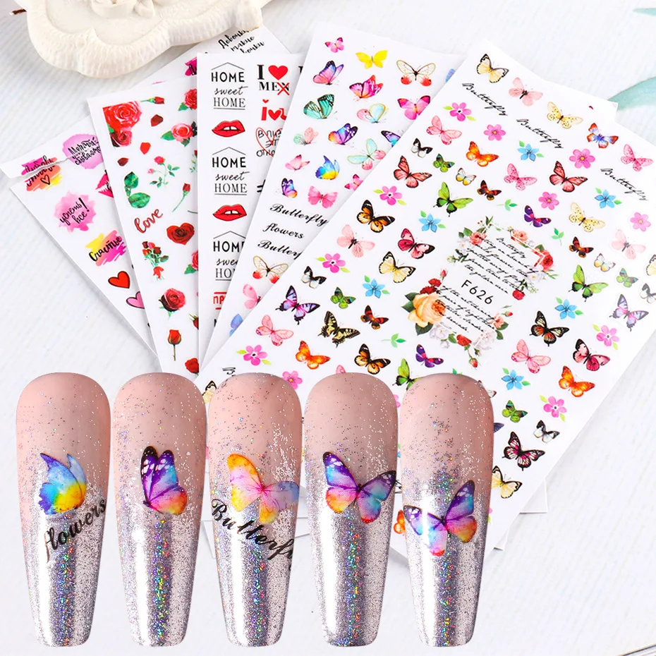 3D Red Gold Rose Nail Sticker Flower Nails Decoraciones Valentine Love Stickers Korean Cute Pink Rose Flower Decals For Girls