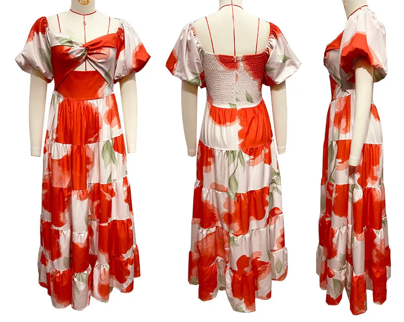 2024 Spring/summer New Style Slim-fit Printed Puffy Sleeves Swing High-end Dress Natural Digital Printing Woven Simple Chiffon